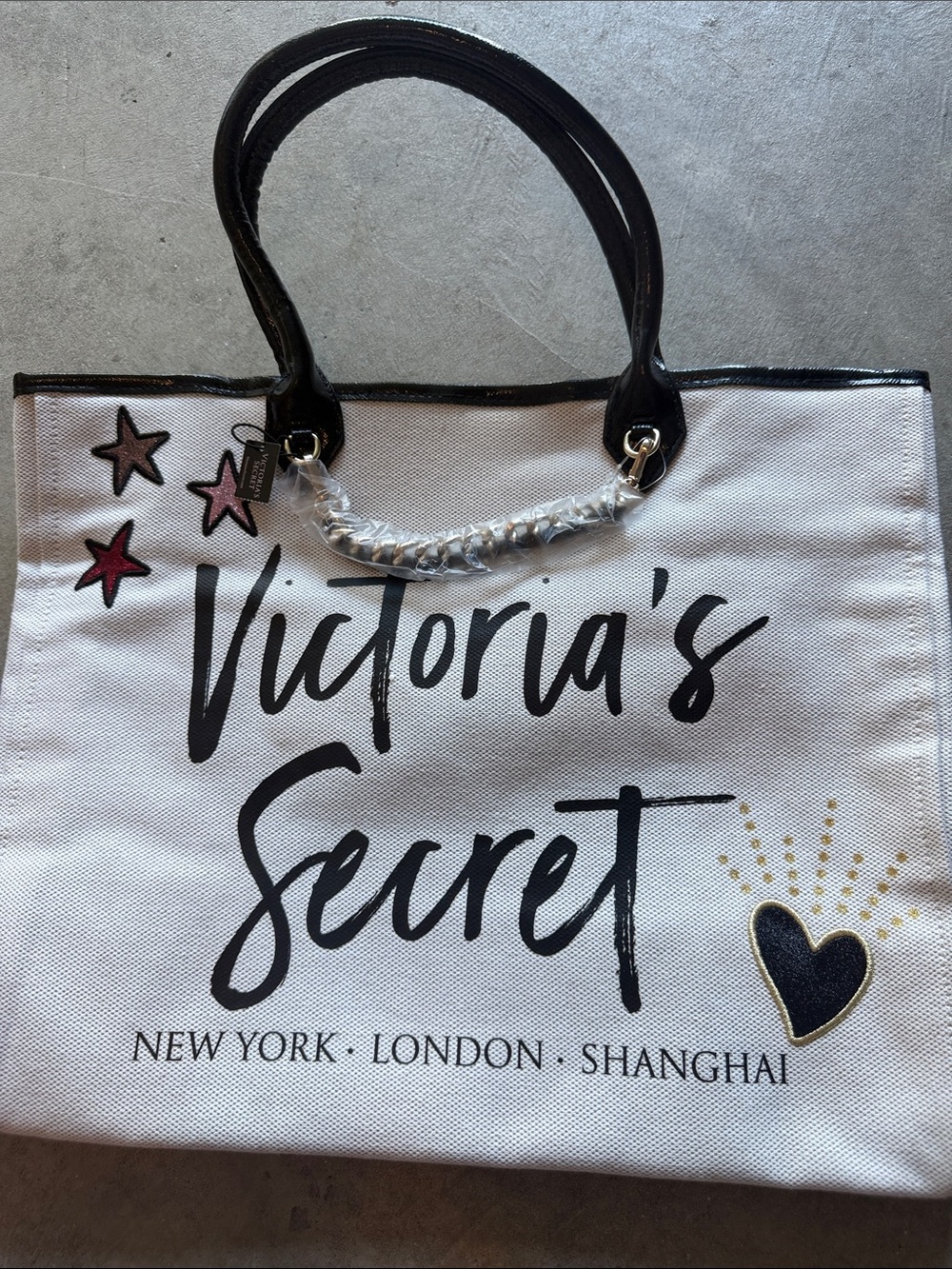 Victoria's Secret White Tote with Black Script and Pink Star Accents